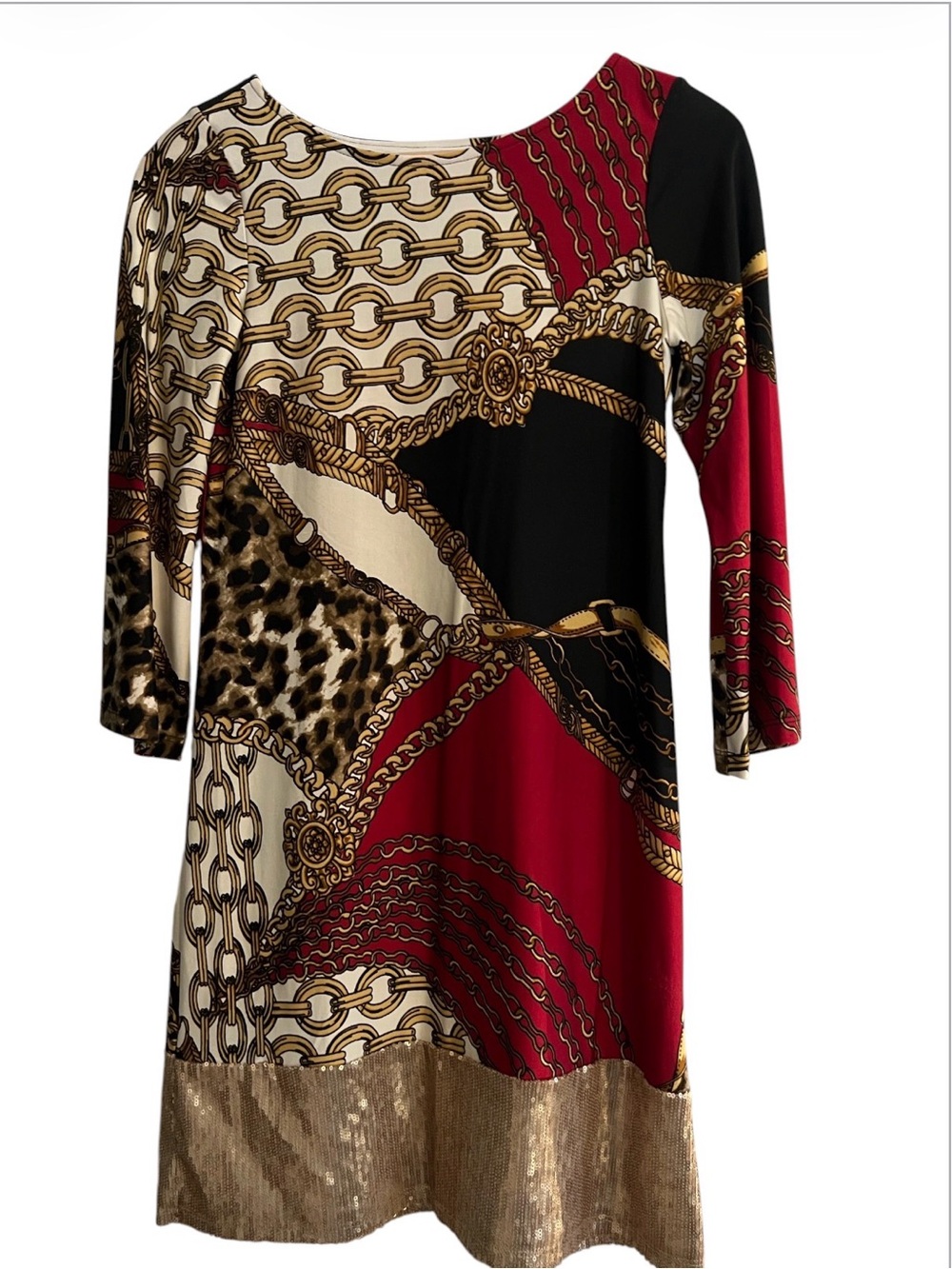 Sunny Leigh Red, Black & Gold Chain-Print Long Sleeve Shift Dress